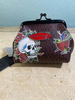 Ed Hardy NWT Skull and Heart Tattoo Print Frame Coin Purse